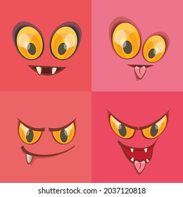 vector funny monster face set isolated on a pink background. cartoon monster smiling faces with big orange eyes, mouth and teeth. Halloween monster set