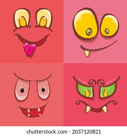 vector funny monster face set isolated on a pink background. cartoon monster smiling faces with big orange eyes, mouth and teeth. Halloween monster set