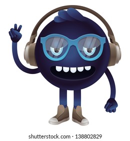 Vector funny monster with headphones and glasses - hipster character