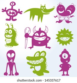 Vector Funny Monsters Silhouettes. Graphic elements to embellish your layout. Vector file editable, scalable and easy color change. You can use the background or isolated elements.