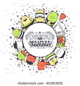 Vector funny monsters with typography lettering summer design. Cool colorful hand drawn characters. Cartoon animals, doodles, children's summer background. Set of colorful unusual creatures