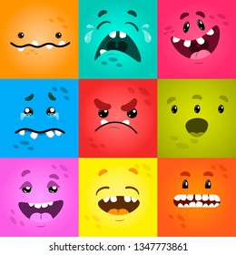 Vector funny moster square monster faces with different emotions, smiles, emoticon set for messenger, sticker, social media, animation, comic, newsletter, poster, banner, logo, icon, avatar.