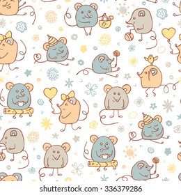Vector Funny Mouse Seamless pattern. Hand drawn cartoon doodle Mice