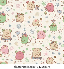 Vector Funny Mouse Seamless pattern. Hand drawn cartoon doodle Mice
