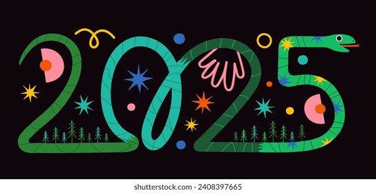 Vector funny New Year 2025 illustration with green tree snake, stars and abstract colored doodle elements. Funny party greeting card design with animal, wall decoration poster