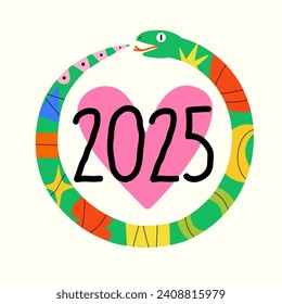 Vector funny New Year 2025 illustration with green tree snake, big pink heart and abstract colored doodle elements. Funny party greeting card design with animal, wall decoration poster