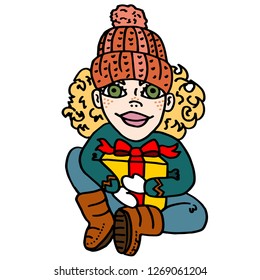 
Vector funny new year girl with gift