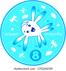 Vector funny octopus dragonfly. Children's games, count the tentacles. Guess who. Eight tentacles. Number eight. Fun account.