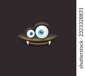 Vector funny orange monster face with open mouth with fangs and eyes isolated on black background. Halloween cute and funky monster design template for poster, banner and tee print