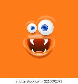 Vector funny orange monster face with open mouth with fangs and eyes isolated on orange background. Halloween cute and funky monster design template for poster, banner and tee print