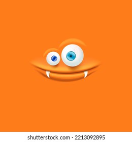 Vector funny orange monster face with open mouth with fangs and eyes isolated on orange background. Halloween cute and funky monster design template for poster, banner and tee print