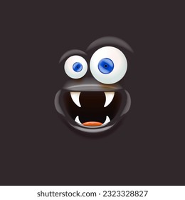 Vector funny orange monster face with open mouth with fangs and eyes isolated on black background. Halloween cute and funky monster design template for poster, banner and tee print