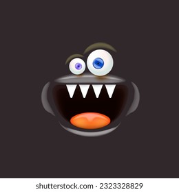 Vector funny orange monster face with open mouth with fangs and eyes isolated on black background. Halloween cute and funky monster design template for poster, banner and tee print