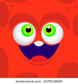 Vector funny orange monster face with open mouth and green eyes on halloween background. Cute monster face square head. Fantasy creature halloween party card design. Monster cover design for notebooks