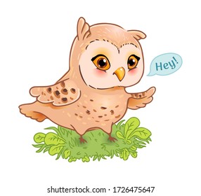 Vector funny owl for print, sticker. Kids cute illustration. Lovely bird says Hey