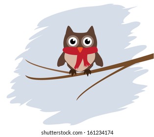 vector funny owl with scarf sitting on the branch
