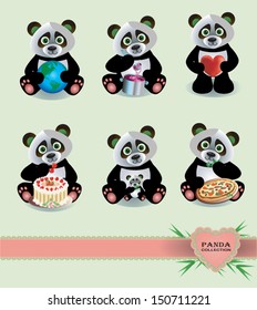 Vector funny Panda collection with bamboo cake and earth