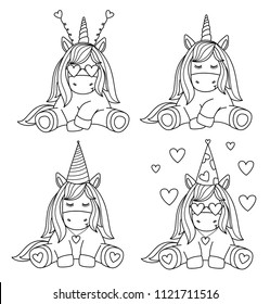 Vector funny party  unicorns, black  silhouettes, isolated on white for coloring.