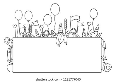 Vector funny party  unicorns hiding by blank, black  silhouettes, isolated on white for coloring.