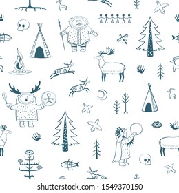 Vector funny pattern with northern shamans and stylized deer and trees