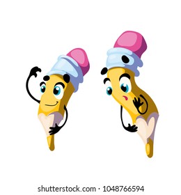 Vector funny pencil, cartoon character with face and hands.