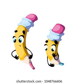 Vector funny pencil, cartoon character with face and hands.