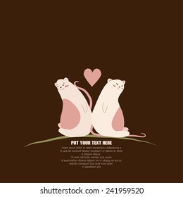 Vector funny philosophical cartoon card with two pink mouses and a heart. Perfect for the cards, Valentine's day, wedding