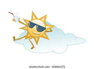 vector funny picture sun is resting on a cloud and drinking a cocktail