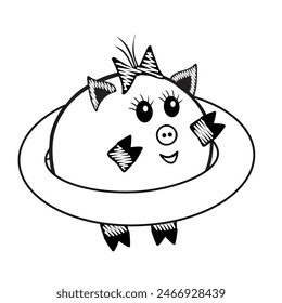 Vector funny pig fat girl in a swimming ring is going for a swim on a white background for coloring book for kids