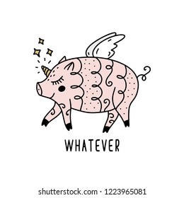 Vector funny pig girl unicorn art. Magical unipig. Poster and banner element, children's book illustration, postcard, gift card, print, sticker, label and other. Isolated on white background.