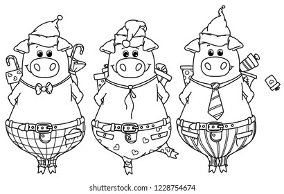 Vector  funny pigs with gifts,  black  silhouettes for coloring. Christmas pigs cartoons.