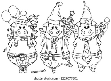 Vector  funny pigs with gifts,  black  silhouettes for coloring. Christmas pigs cartoons.