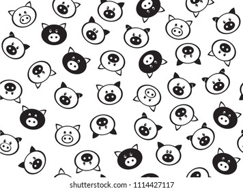 Vector  funny pigs seamless pattern, black and white  silhouettes, isolated on white.