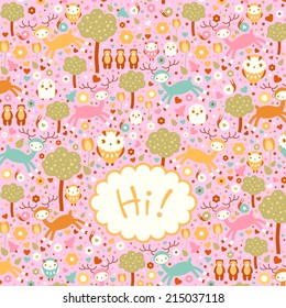 vector funny pink card with animals and trees