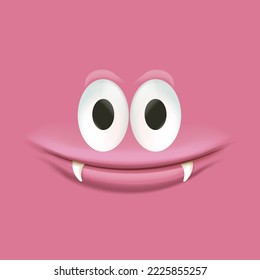 Vector funny pink monster face with open mouth with fangs and eyes isolated on pink background. Halloween cute and funky monster design template for poster, banner and tee print