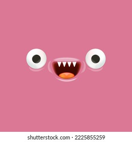 Vector funny pink monster face with open mouth with fangs and eyes isolated on pink background. Halloween cute and funky monster design template for poster, banner and tee print