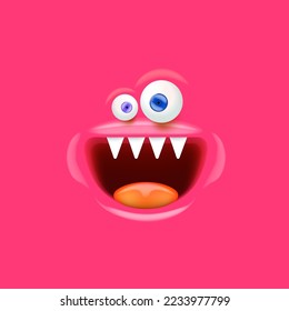 Vector funny pink monster face with open mouth with fangs and eyes isolated on pink background. Halloween cute and funky monster design template for poster, banner and tee print