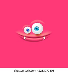 Vector funny pink monster face with open mouth with fangs and eyes isolated on pink background. Halloween cute and funky monster design template for poster, banner and tee print