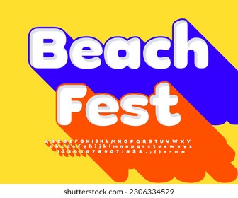 Vector funny poster Beach Fest. Bright trendy Font. 3D Alphabet Letters, Numbers and Symbols with Shadow