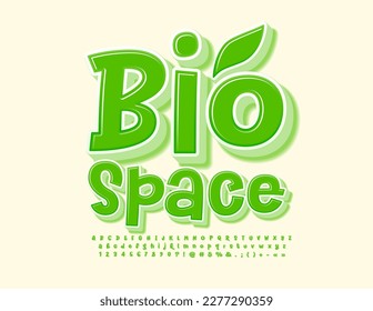 Vector funny poster Bio Space. Playful Green Font. Creative Alphabet Letters and Numbers set