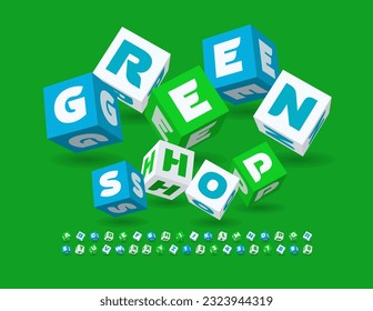 Vector funny Poster Green Shop with with cute blocks Font. 3D playful Alphabet Letter and Numbers.