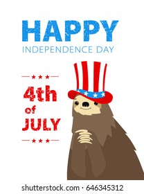 Vector funny poster "happy 4th of July". The day of independence of America. Sloth in an American hat. Cartoon character.