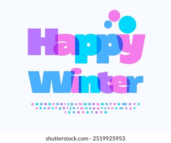 Vector funny poster Happy Winter. Colorful Children. Bright Alphabet Letters and Numbers set.