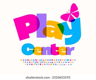 Vector funny Poster Play Center. Colorful Kids 3D Font. Bright Creative Alphabet Letters and Numbers set