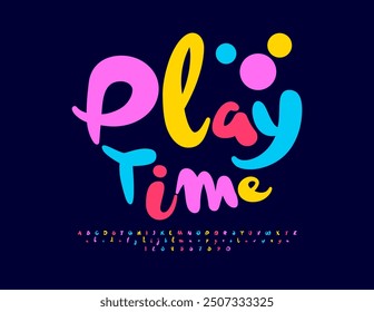 Vector cartel divertido Play Time. Fuente colorida de los niños. Conjunto de letras y números de alfabeto brillante.