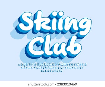 Vector funny poster Skiing Club. Handwritten White 3D Font. Bright Alphabet Letters, Numbers and Symbols set.