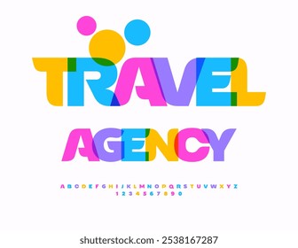 Vector cartel divertido Agencia de Viajes. Elegante fuente colorida. Conjunto de letras y números de alfabeto decorativo.