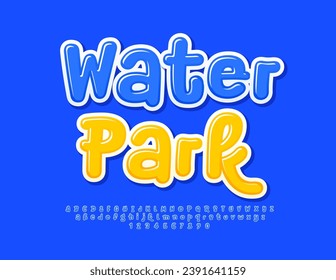 Vector funny poster Water Park.   Creative glossy Font. Funny Blue Alphabet Letters and Numbers set. 