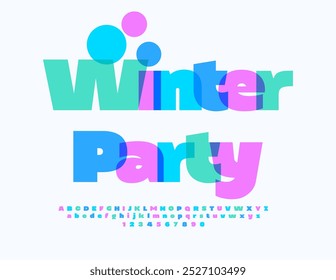 Vector funny poster Winter Party. Colorful Bright Font. Artistic Alphabet Letters and Numbers set.