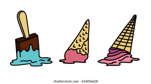 Vector funny print with melted ice cream on white background. Summer image, youth fashion trendy illustration. Clothing, postcards, design